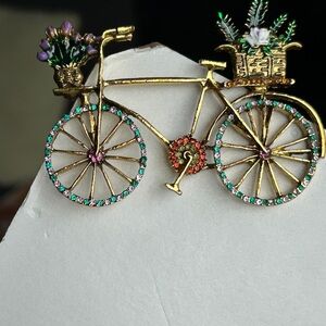 Gold Bicycle Brooch with Multicolor Accents